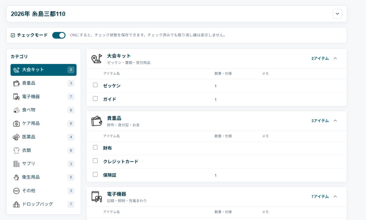 持ち物リスト機能をアップデートしました。
https://s